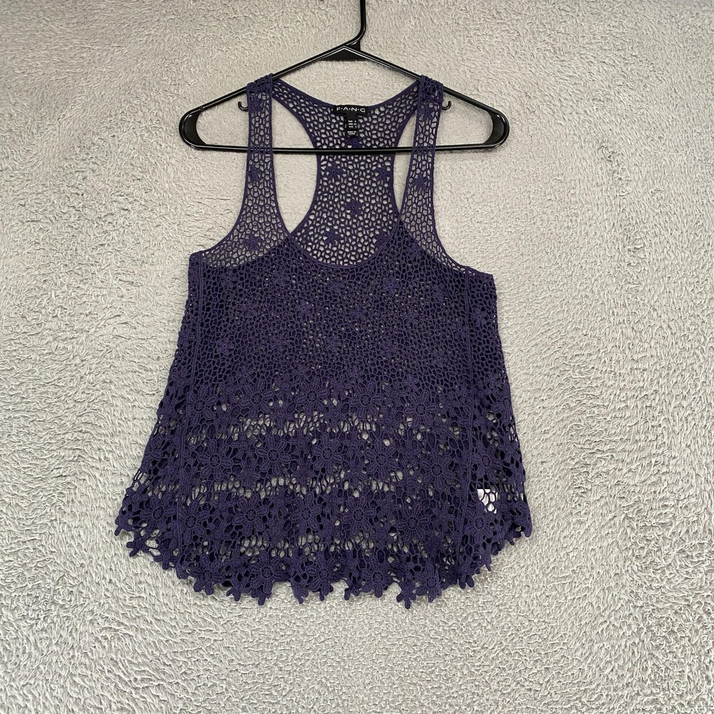 FANG Crochet Y2K Tank Womens Small Blue Floral‎ Sheer Layering Boho Festival